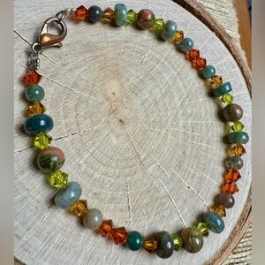 Handmade wire strung crystal natural stone and jade beads in green and orange